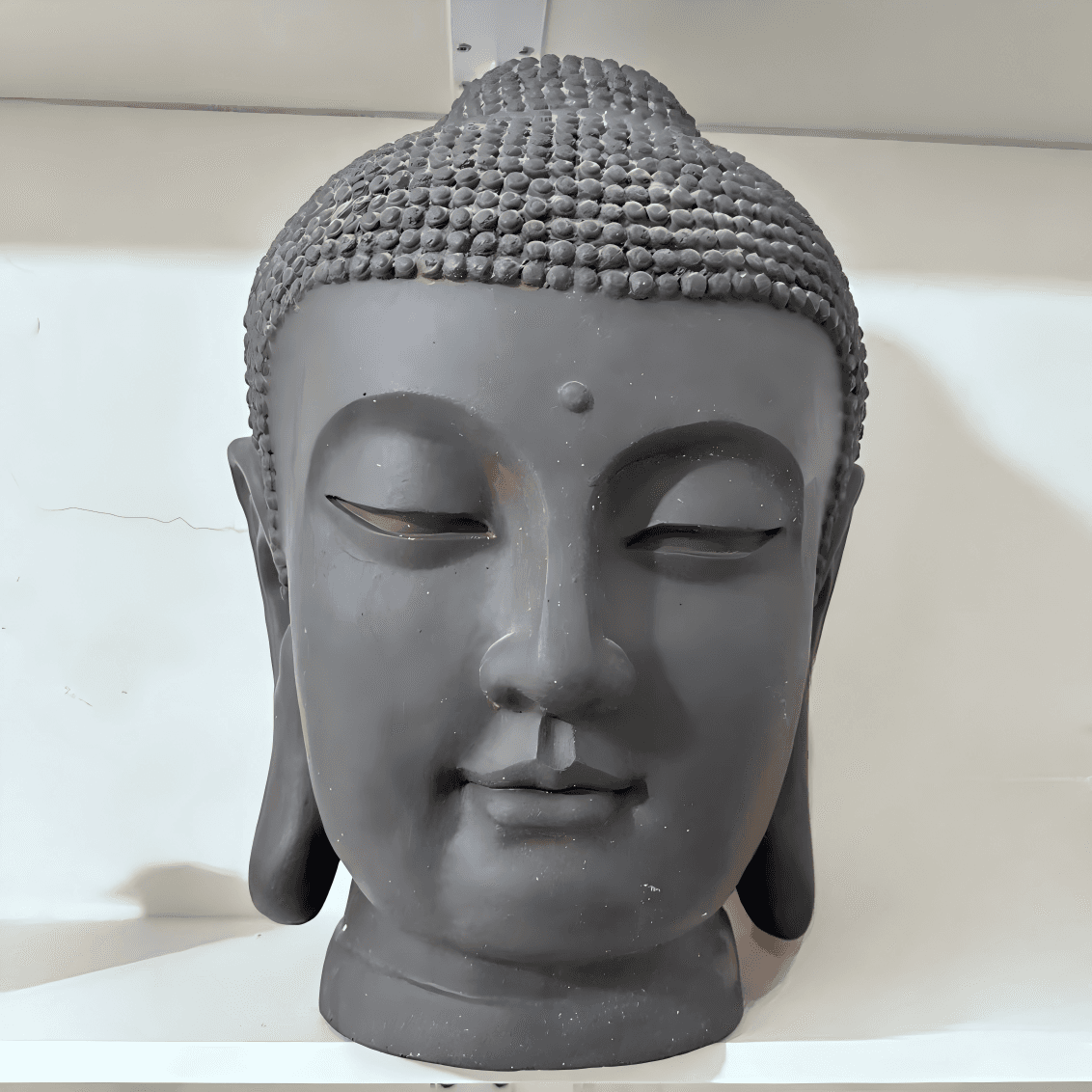 Large Zen Buddha Head Resin Statue - Minimalist Grey Stone Finish