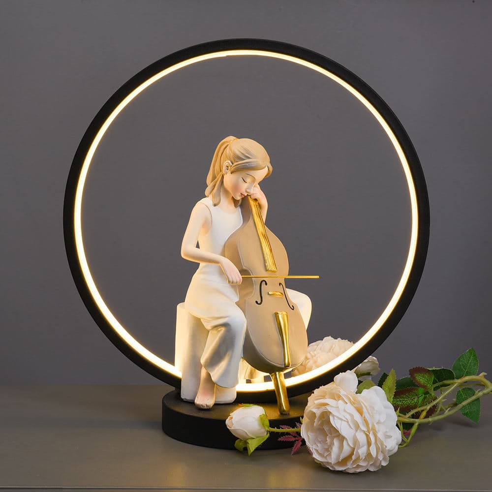 Lovely Room Table Interior Home Decoration Nordic Bedroom Night Lamp Cello Girl Statue — image 2