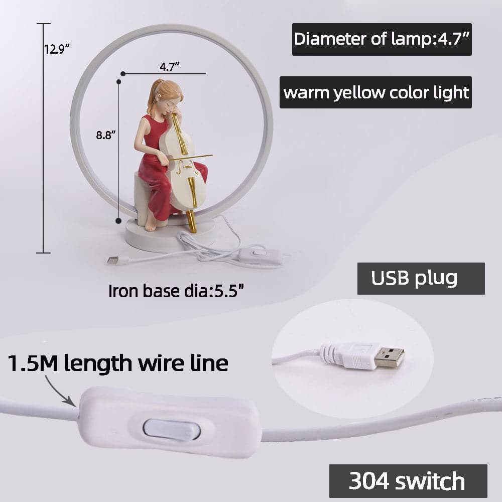 Lovely Room Table Interior Home Decoration Nordic Bedroom Night Lamp Cello Girl Statue — image 4