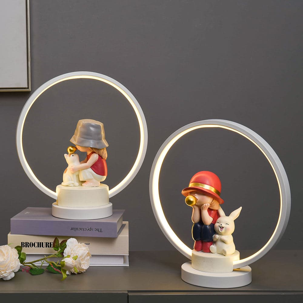 Home Decor Resin Bubble Girl with Bunny Table Lamp USB Powered Cute Night Light for Kids Room Gift Idea