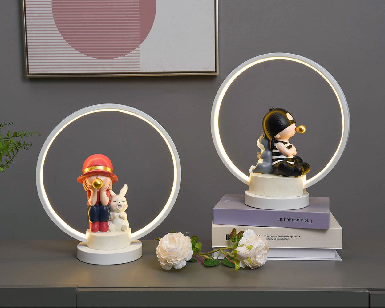 Home Decor Resin Bubble Girl with Bunny Table Lamp USB Powered Cute Night Light for Kids Room Gift Idea — image 2