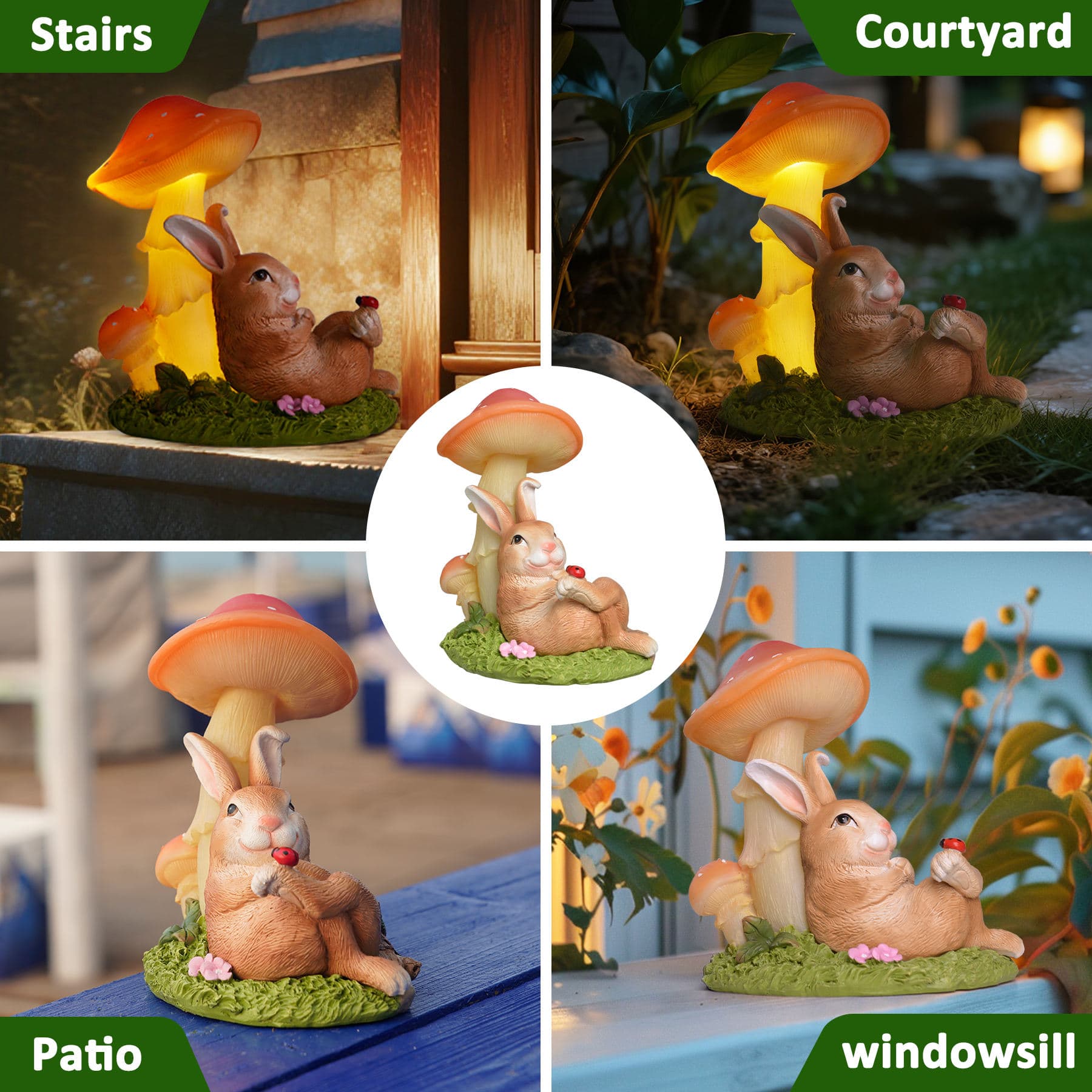 Resin Yard Decorations Solar Rabbit Statues Garden Outdoor Decor with Mushroom Lights — image 2