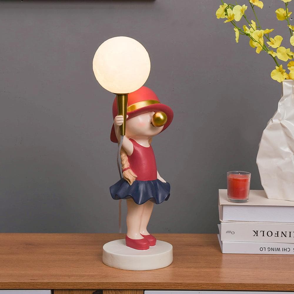 Lovely Kids Room Table Interior Home Decoration Blowing Girl Sculpture Resin Bubble Girl Statue Nordic Bedroom Night Lamp — image 3