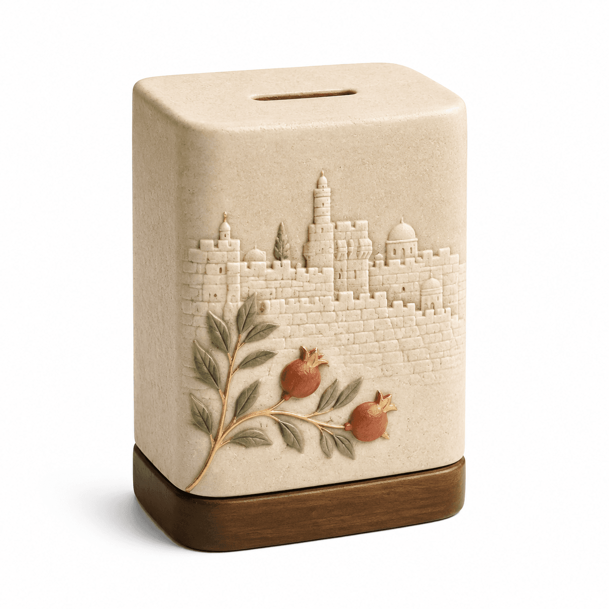 Jerusalem Cityscape Ceramic Tzedakah Box / Keepsake Bank with Wooden Base