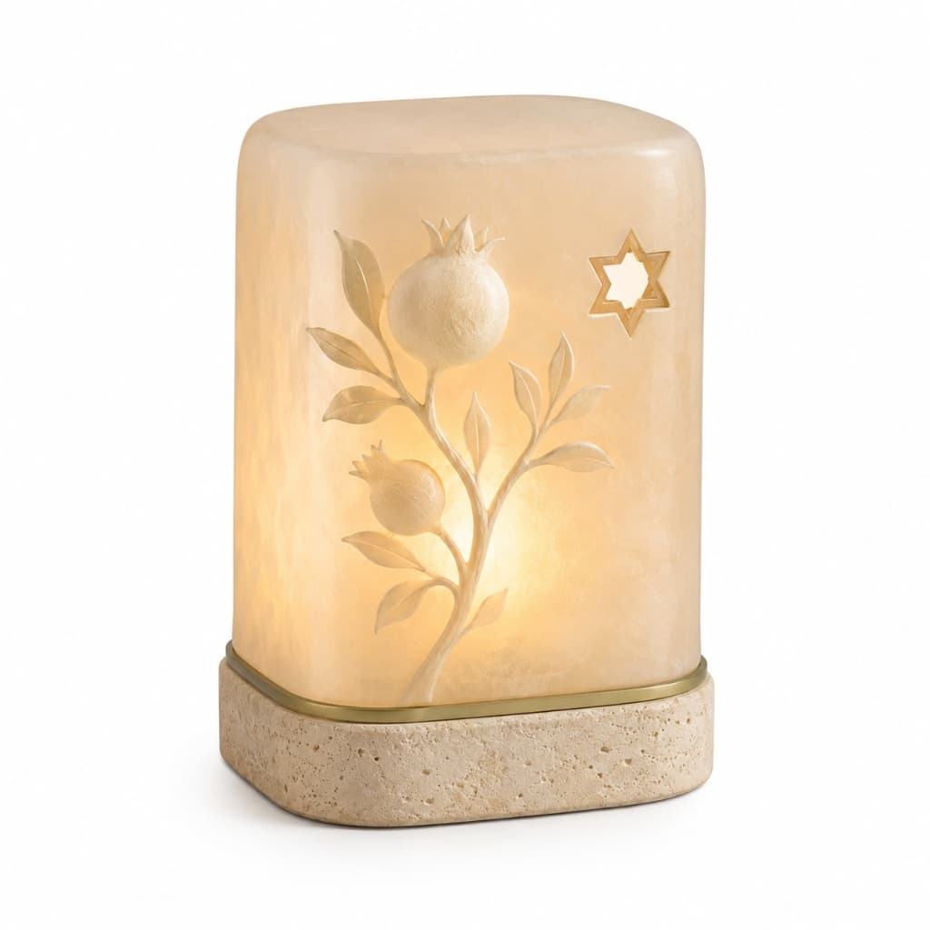 Illuminated Pomegranate & Star Night Light with Travertine Base