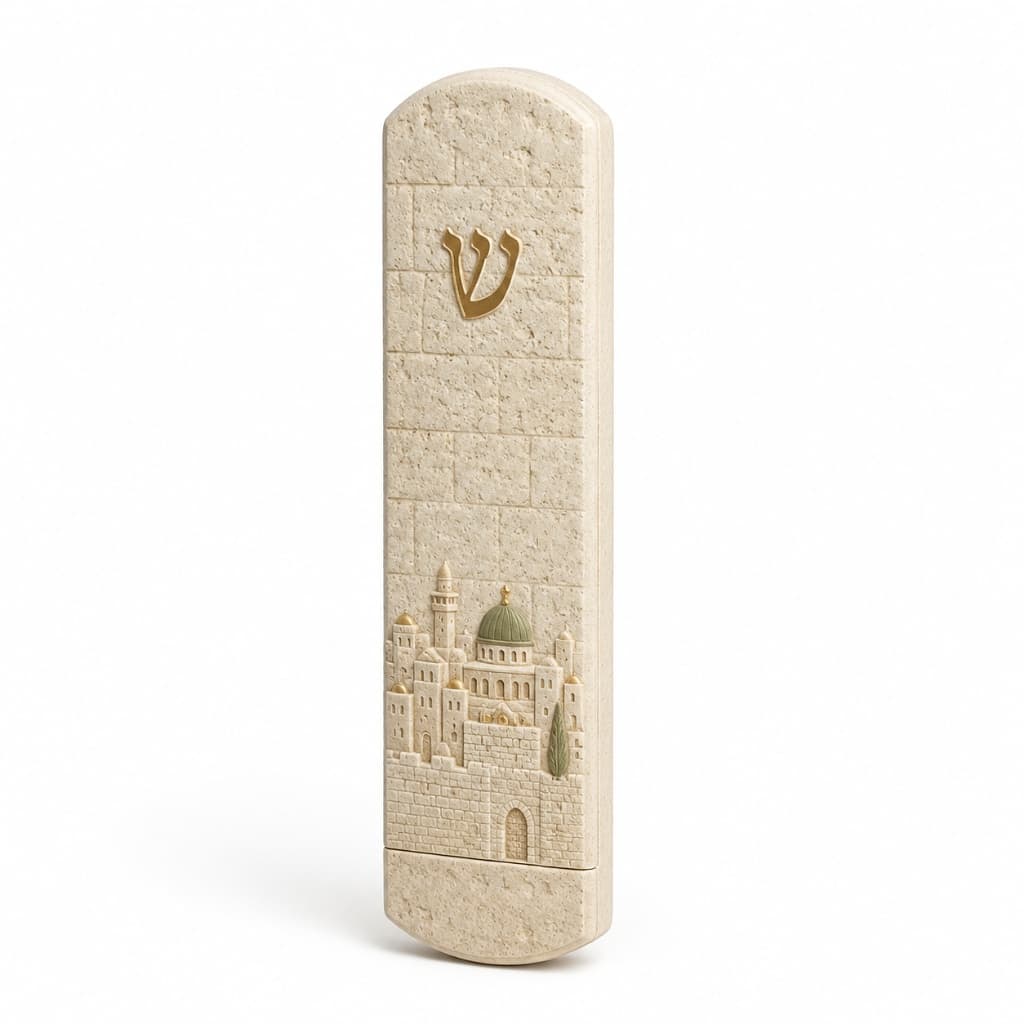 Jerusalem Relief Stone-Look Mezuzah Case with Gold Shin
