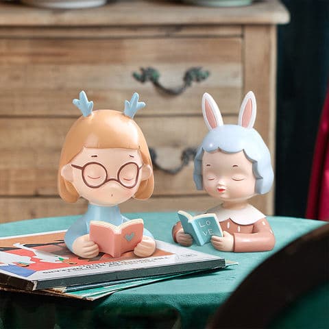 Modern Multi-style Ear Creative Design Cute Reading Girl Resin Figurine Desktop Ornament for Living Room