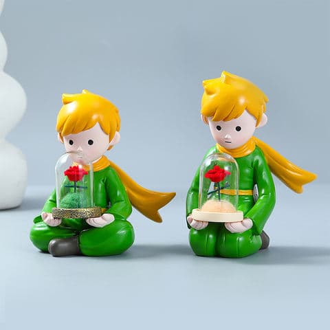 Modern Home Decoration Cute Cartoon Resin the Little Prince Figurine with Glass Dome Rose