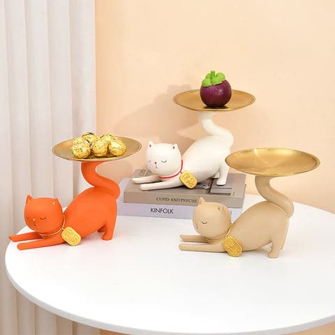 Cute Cat Resin Storage Tray Nordic Style Desktop Organizer with Gold Tray for Key Candy Jewelry Home Decor