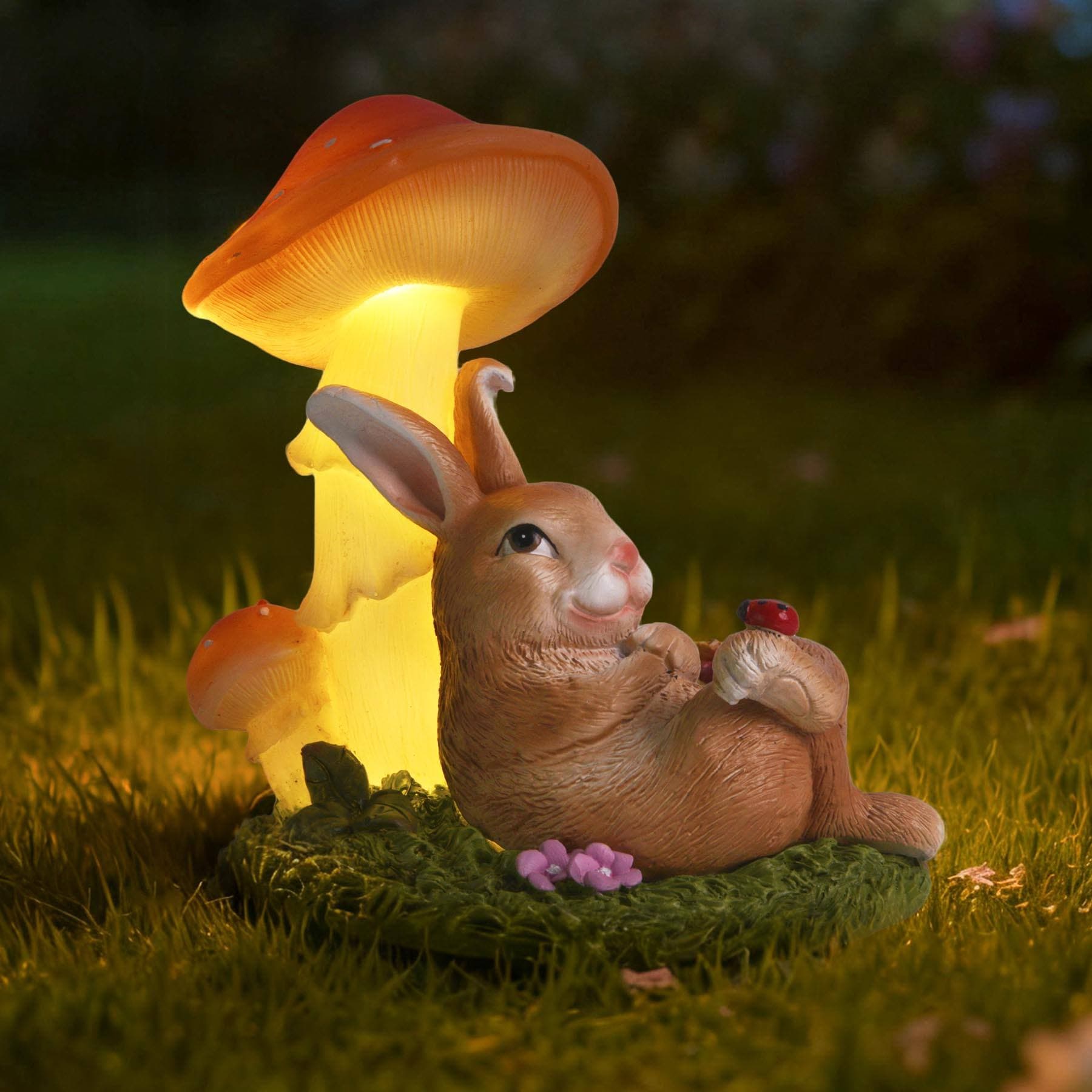 Resin Yard Decorations Solar Rabbit Statues Garden Outdoor Decor with Mushroom Lights