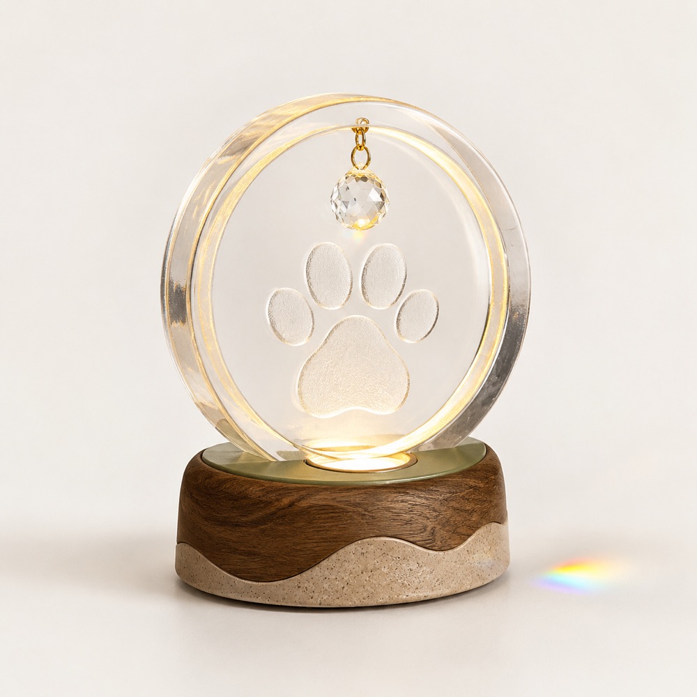 Illuminated crystal-resin pet paw print keepsake nightlight with hanging crystal charm