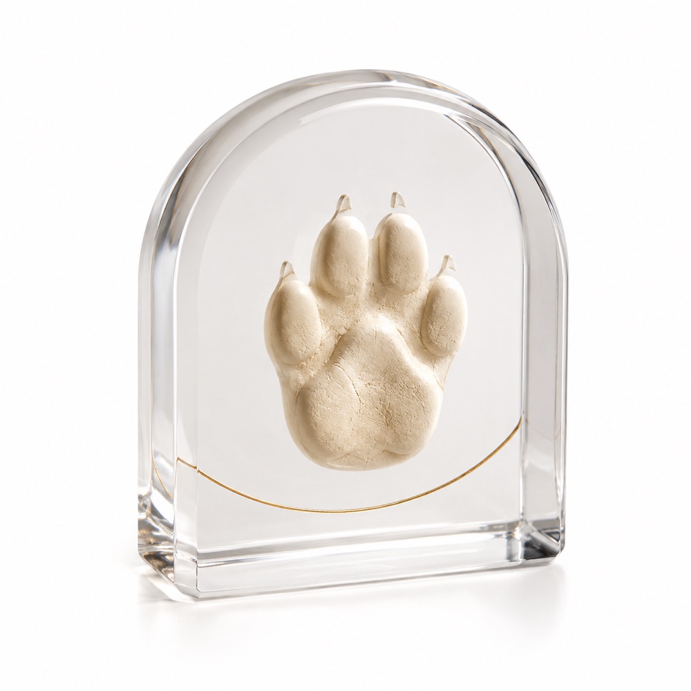 Clear acrylic pet paw print keepsake block with engraved paw impression