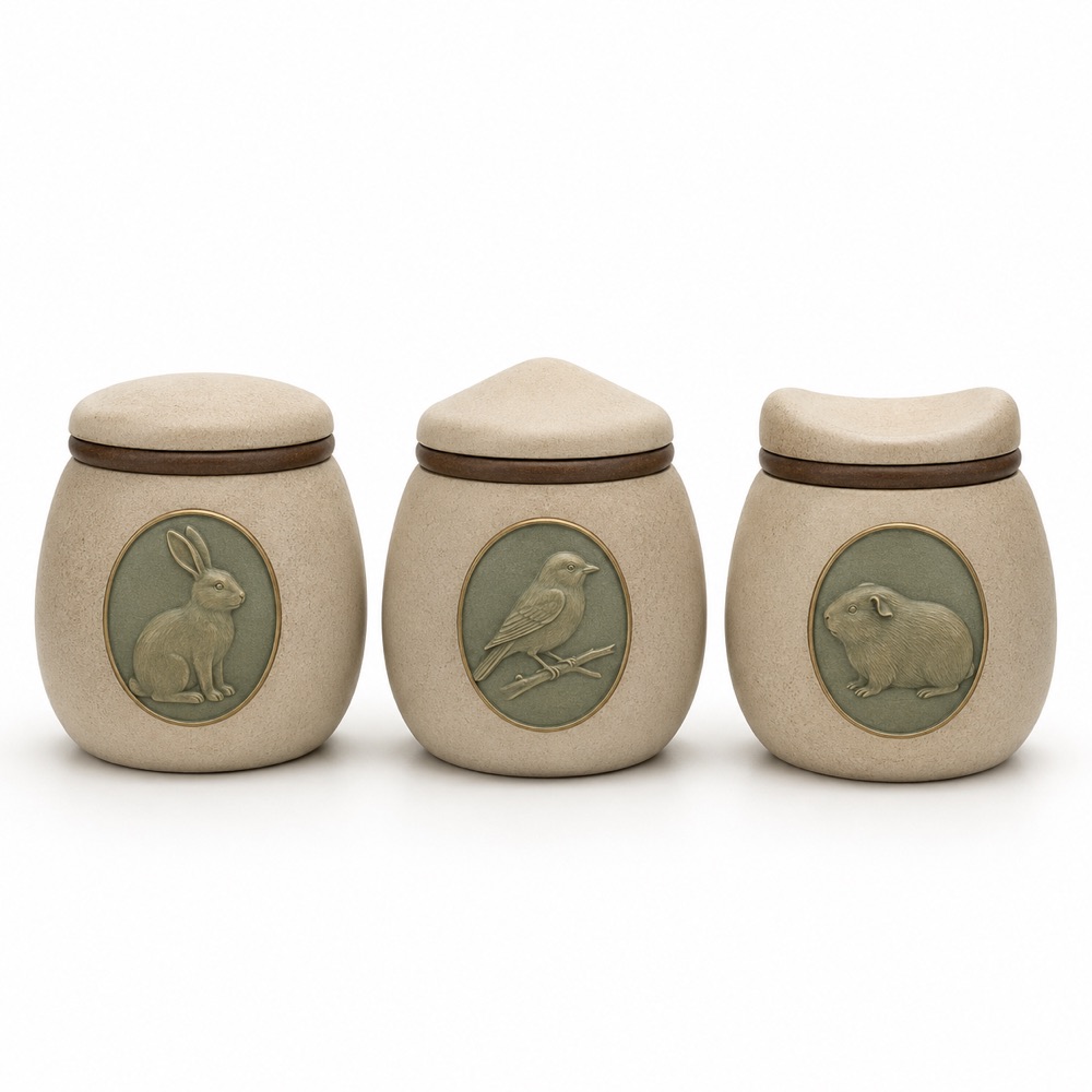 Set of three earthy textured small-pet memorial urns with rabbit, bird, and guinea pig motifs